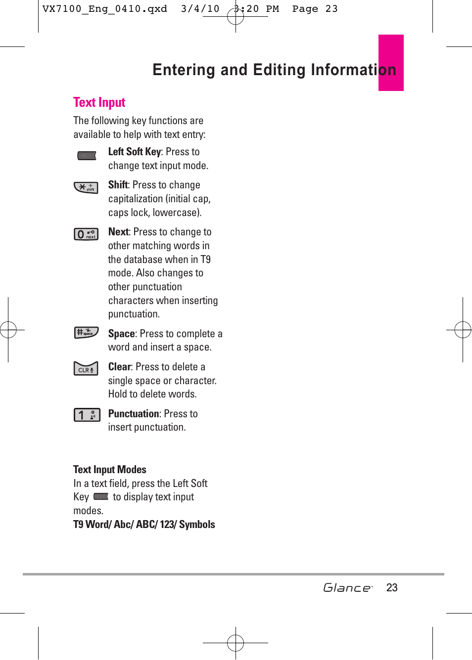 Entering and editing information, Text input | LG LGVX7100 User Manual | Page 25 / 260