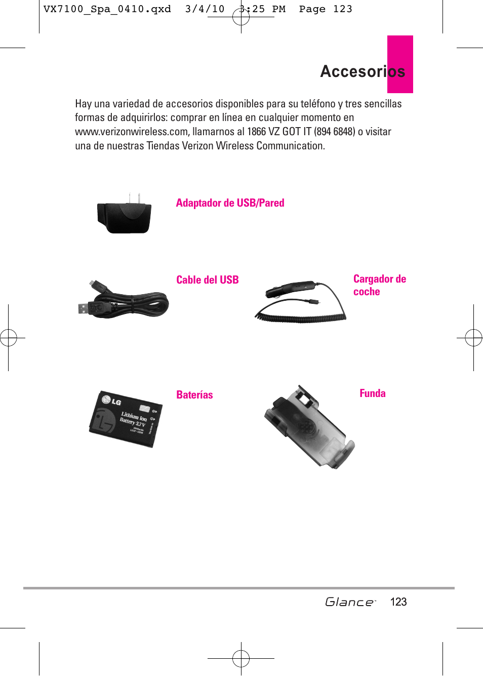 Accesorios | LG LGVX7100 User Manual | Page 250 / 260