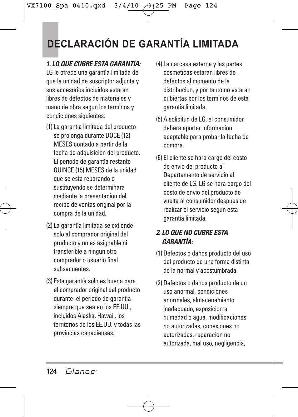 Declaración de garantía limitada | LG LGVX7100 User Manual | Page 251 / 260