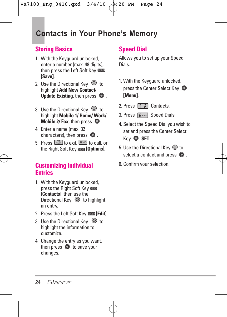 Storing basics, Customizing individual entries, Speed dial | LG LGVX7100 User Manual | Page 26 / 260