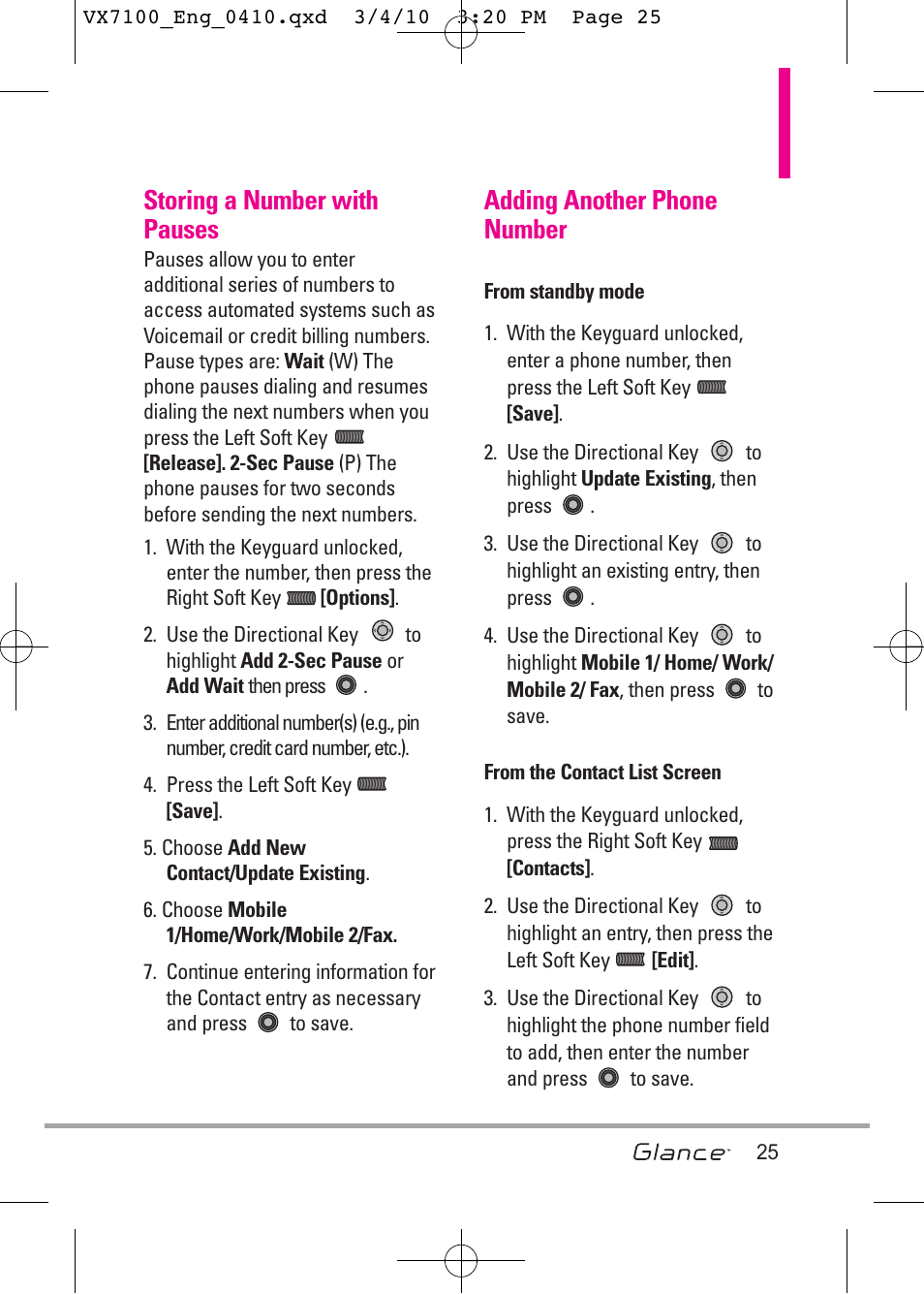 Storing a number with pauses, Adding another phone number | LG LGVX7100 User Manual | Page 27 / 260