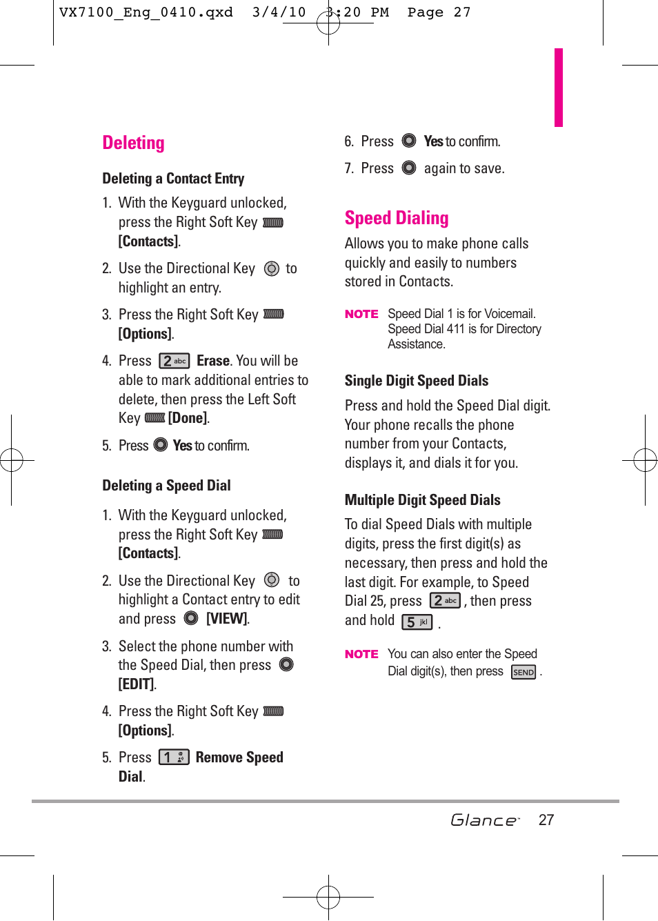 Deleting, Speed dialing | LG LGVX7100 User Manual | Page 29 / 260