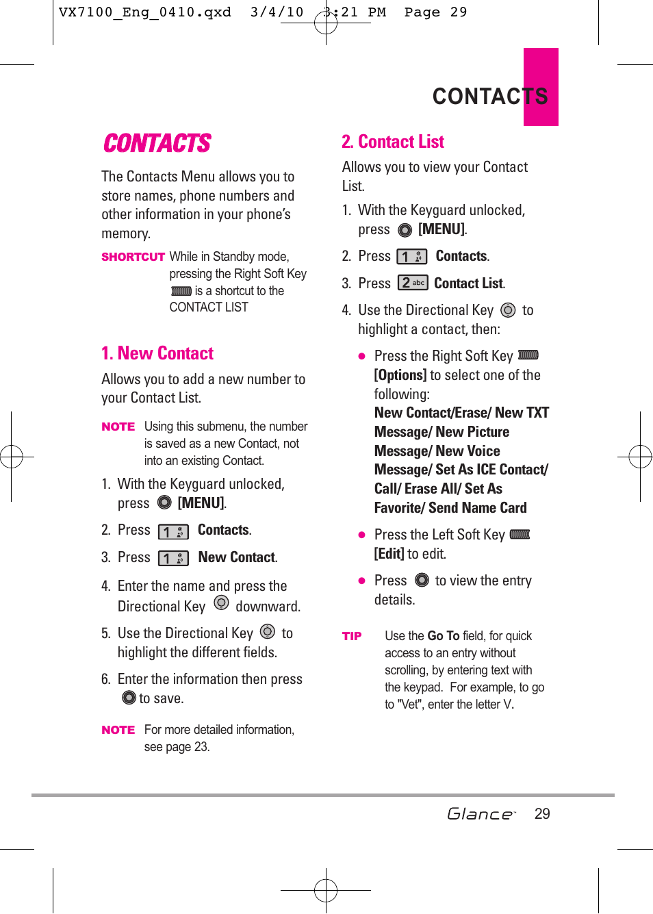 Cco on nt ta ac ct ts s, Contacts, New contact | Contact list | LG LGVX7100 User Manual | Page 31 / 260