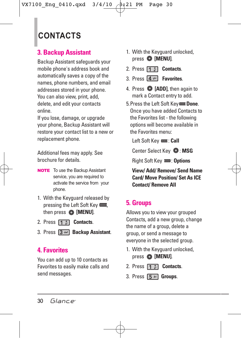 Contacts, Backup assistant, Favorites | Groups | LG LGVX7100 User Manual | Page 32 / 260