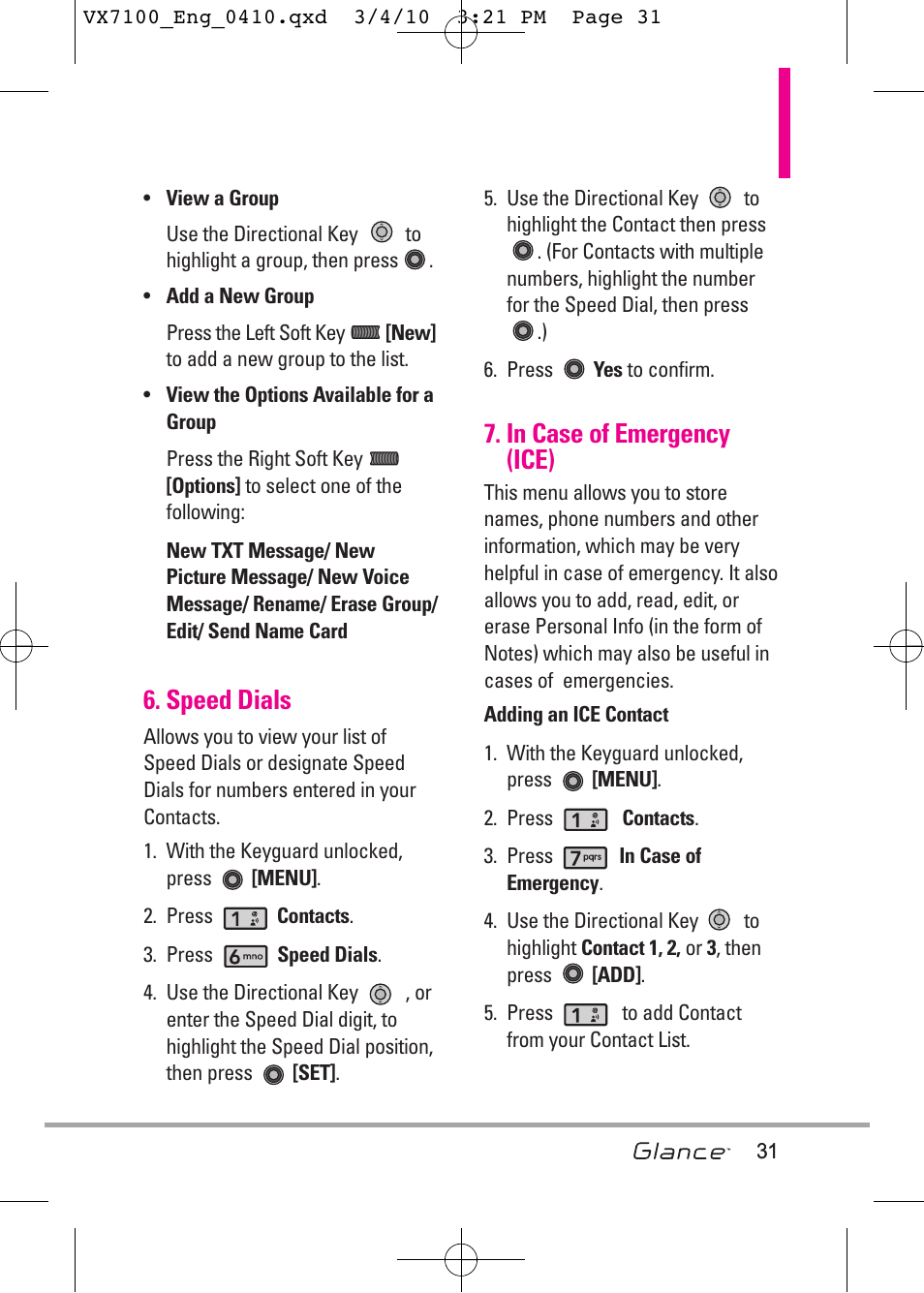 Speed dials | LG LGVX7100 User Manual | Page 33 / 260