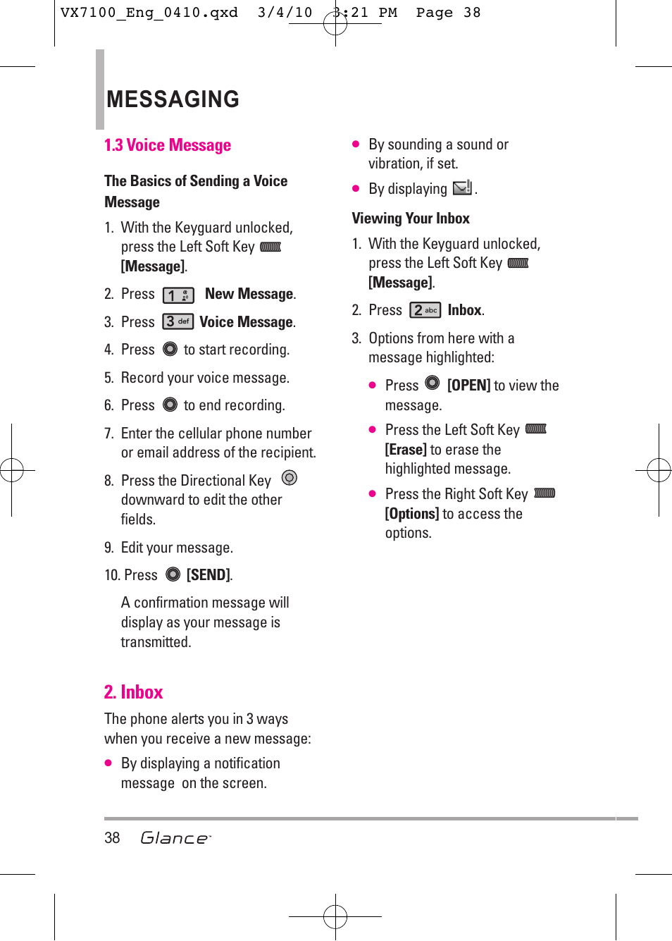 Messaging, Inbox | LG LGVX7100 User Manual | Page 40 / 260