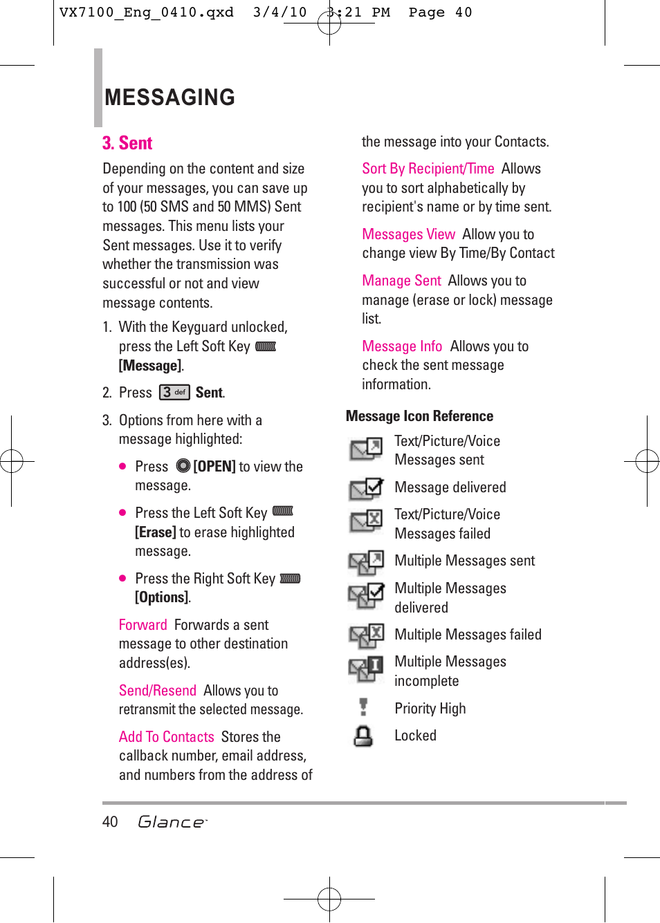 Messaging, Sent | LG LGVX7100 User Manual | Page 42 / 260