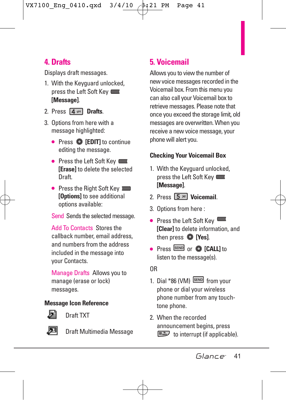 Drafts, Voicemail | LG LGVX7100 User Manual | Page 43 / 260