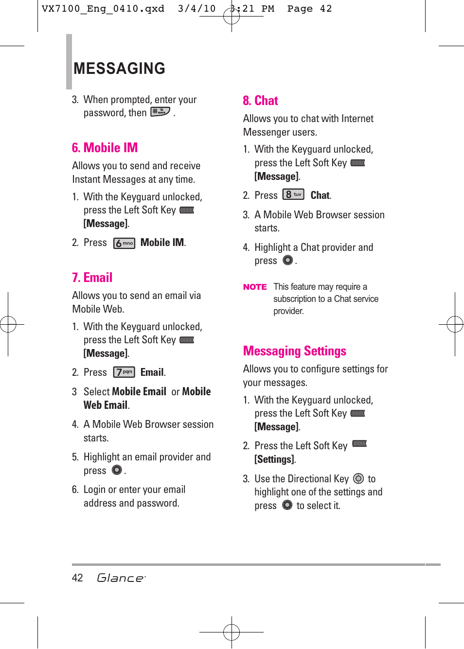 Messaging, Mobile im, Email | Chat, Messaging settings | LG LGVX7100 User Manual | Page 44 / 260