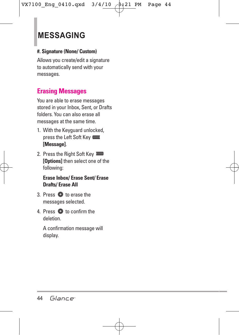 Messaging, Erasing messages | LG LGVX7100 User Manual | Page 46 / 260