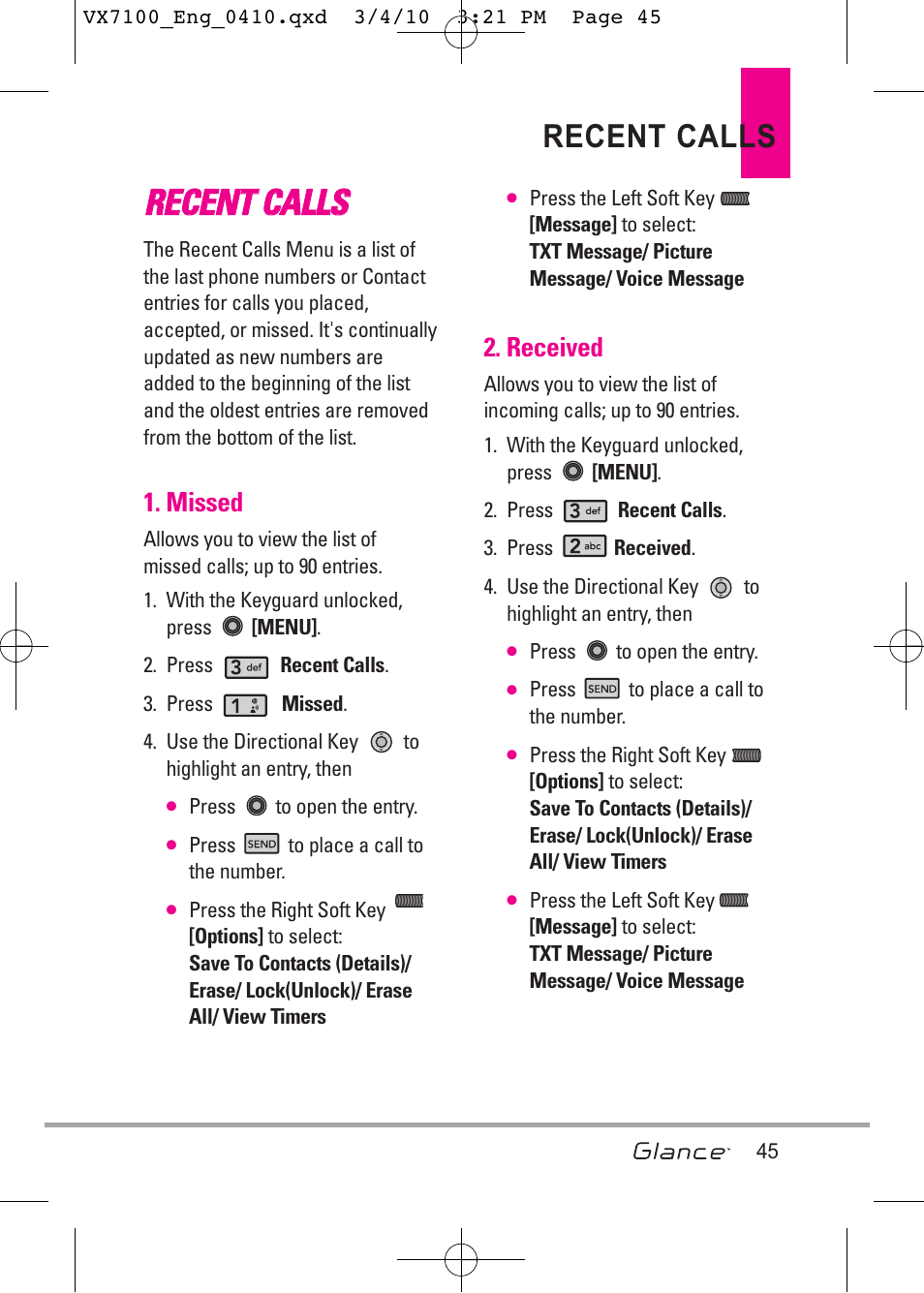 Recent calls, Missed, Received | LG LGVX7100 User Manual | Page 47 / 260