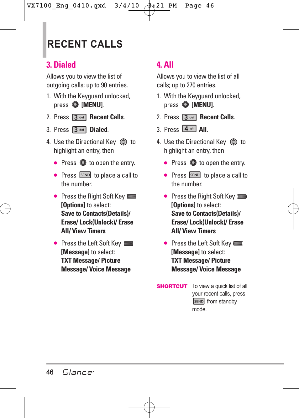 Recent calls, Dialed | LG LGVX7100 User Manual | Page 48 / 260