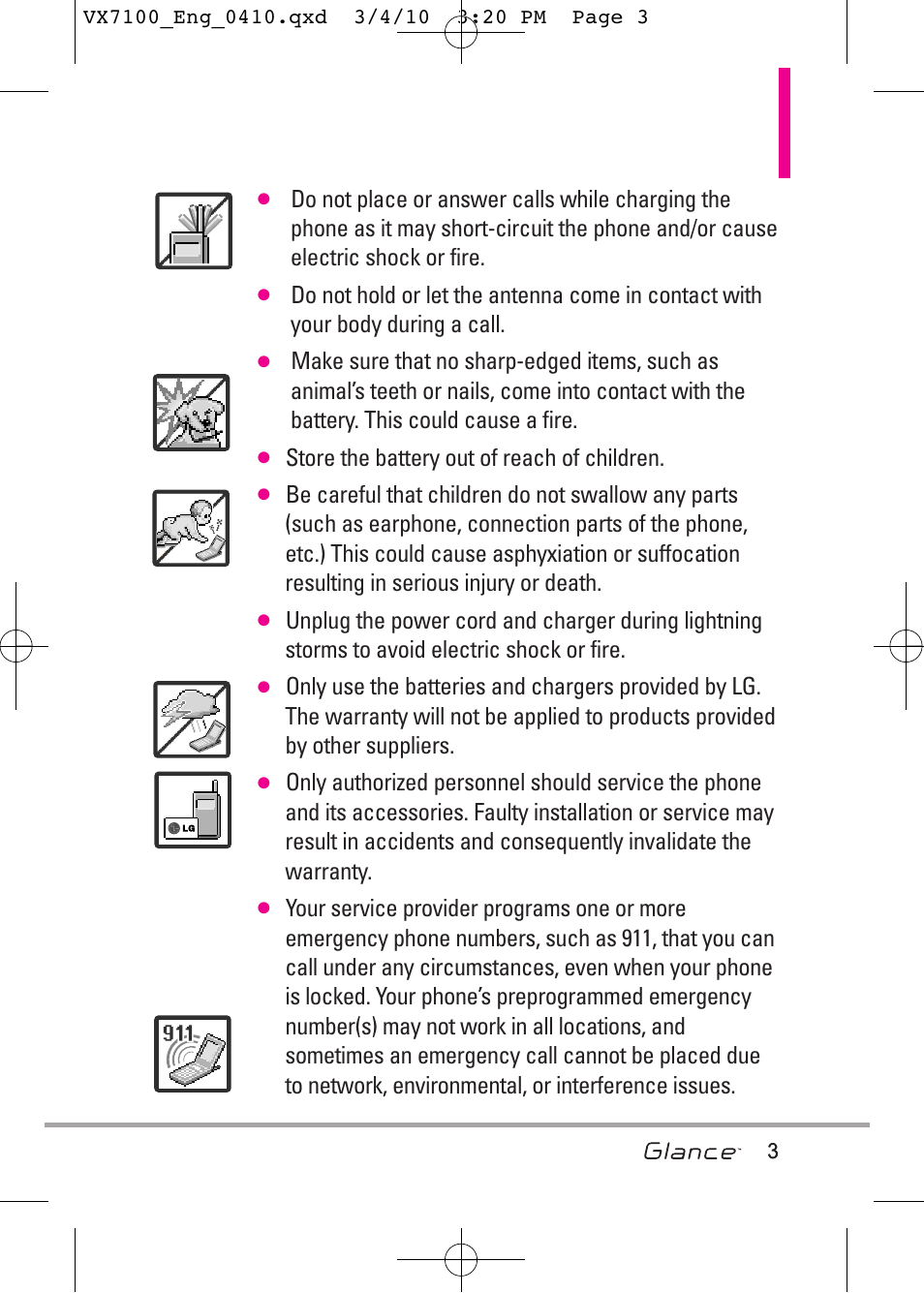 Store the battery out of reach of children | LG LGVX7100 User Manual | Page 5 / 260