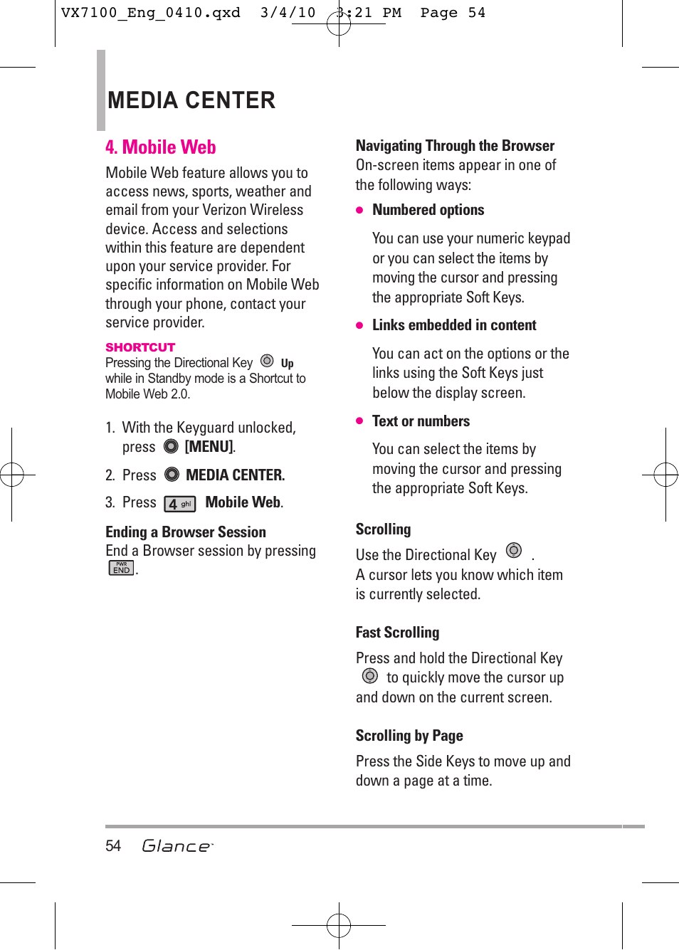 Media center, Mobile web | LG LGVX7100 User Manual | Page 56 / 260