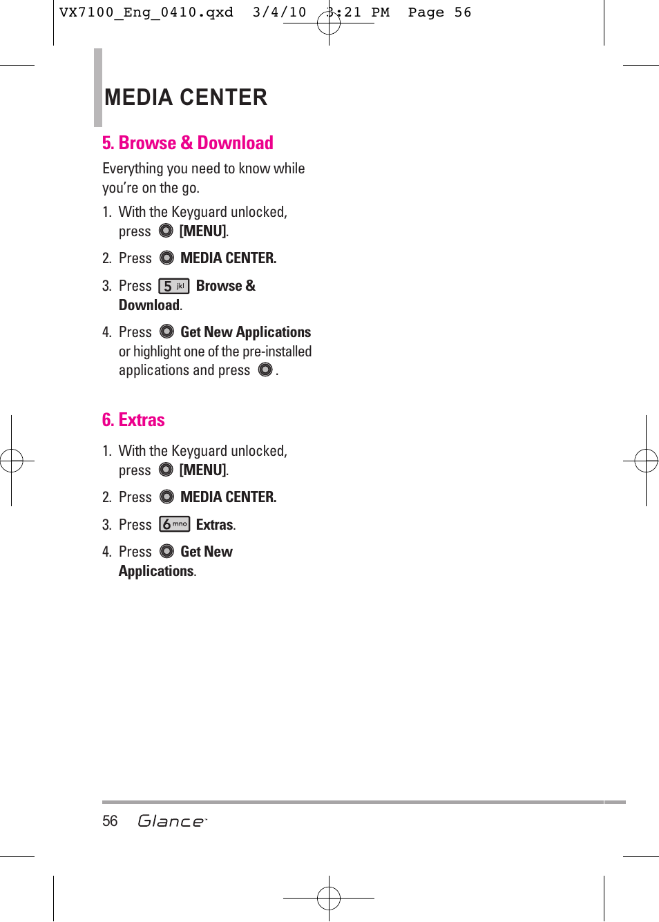 Media center, Browse & download, Extras | LG LGVX7100 User Manual | Page 58 / 260