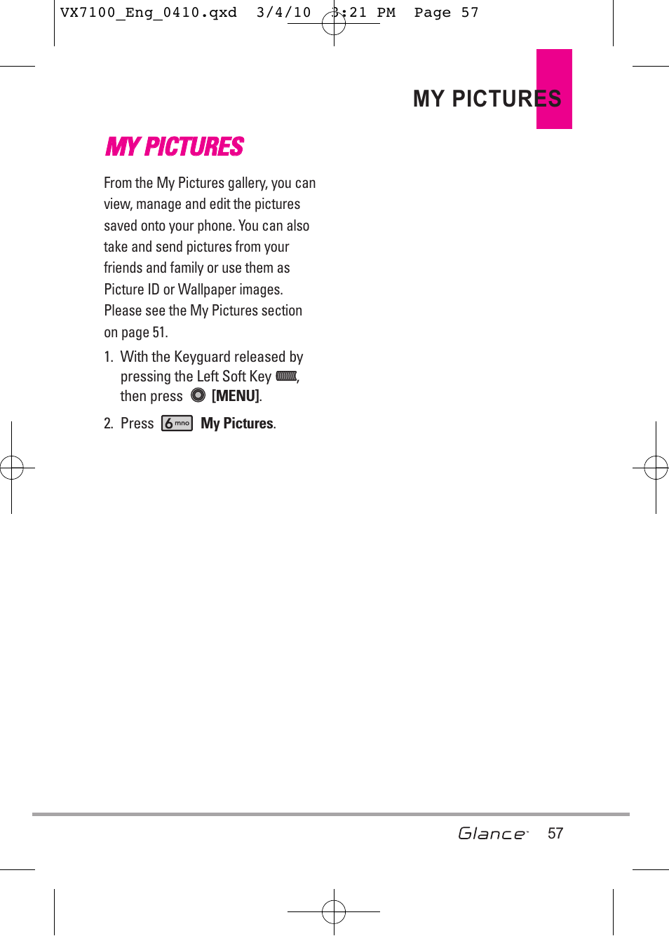 Mmy y p piic ct tu ur re es s, My pictures | LG LGVX7100 User Manual | Page 59 / 260