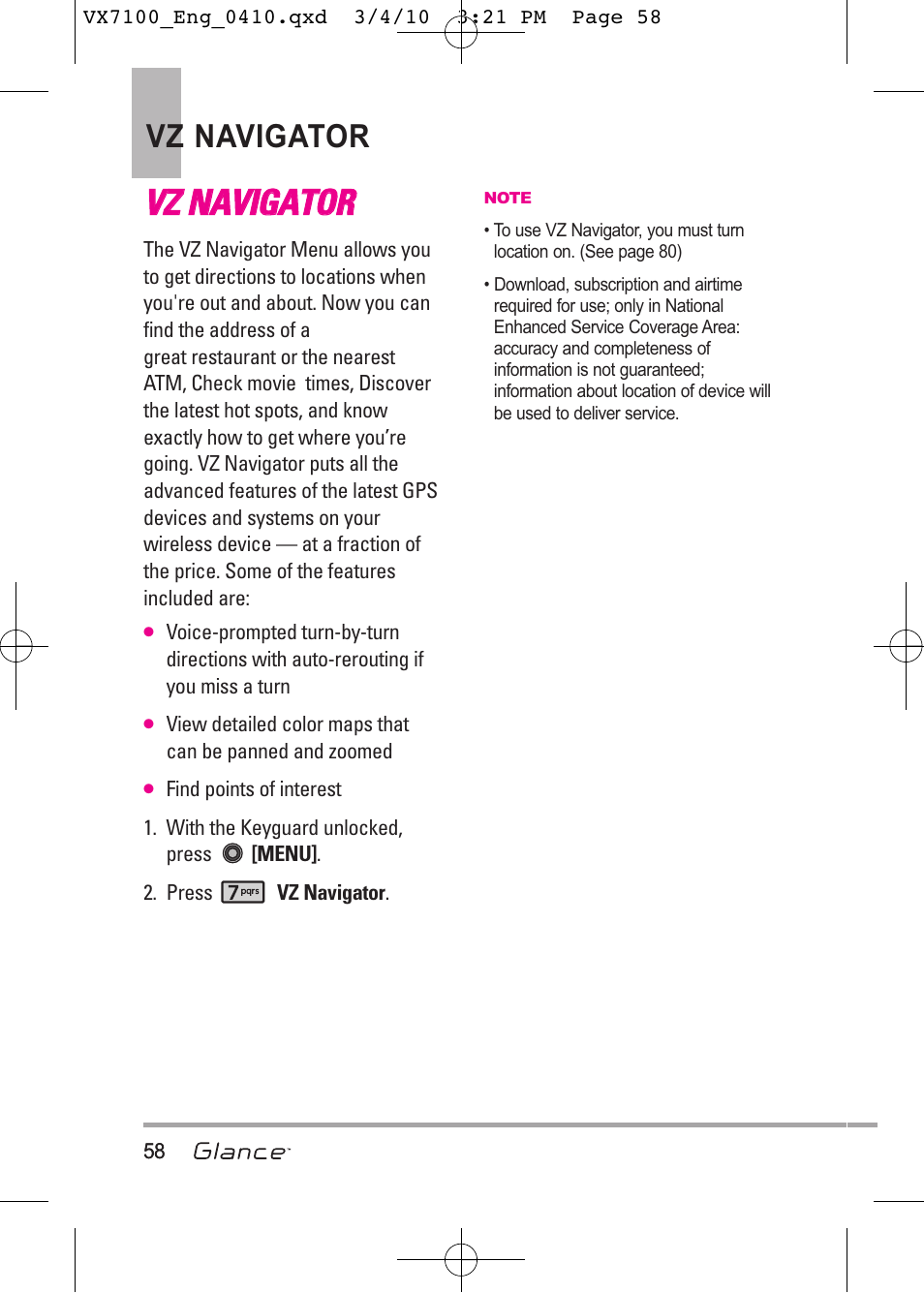 Vvz z n na av viig ga at to or r, Vz navigator | LG LGVX7100 User Manual | Page 60 / 260