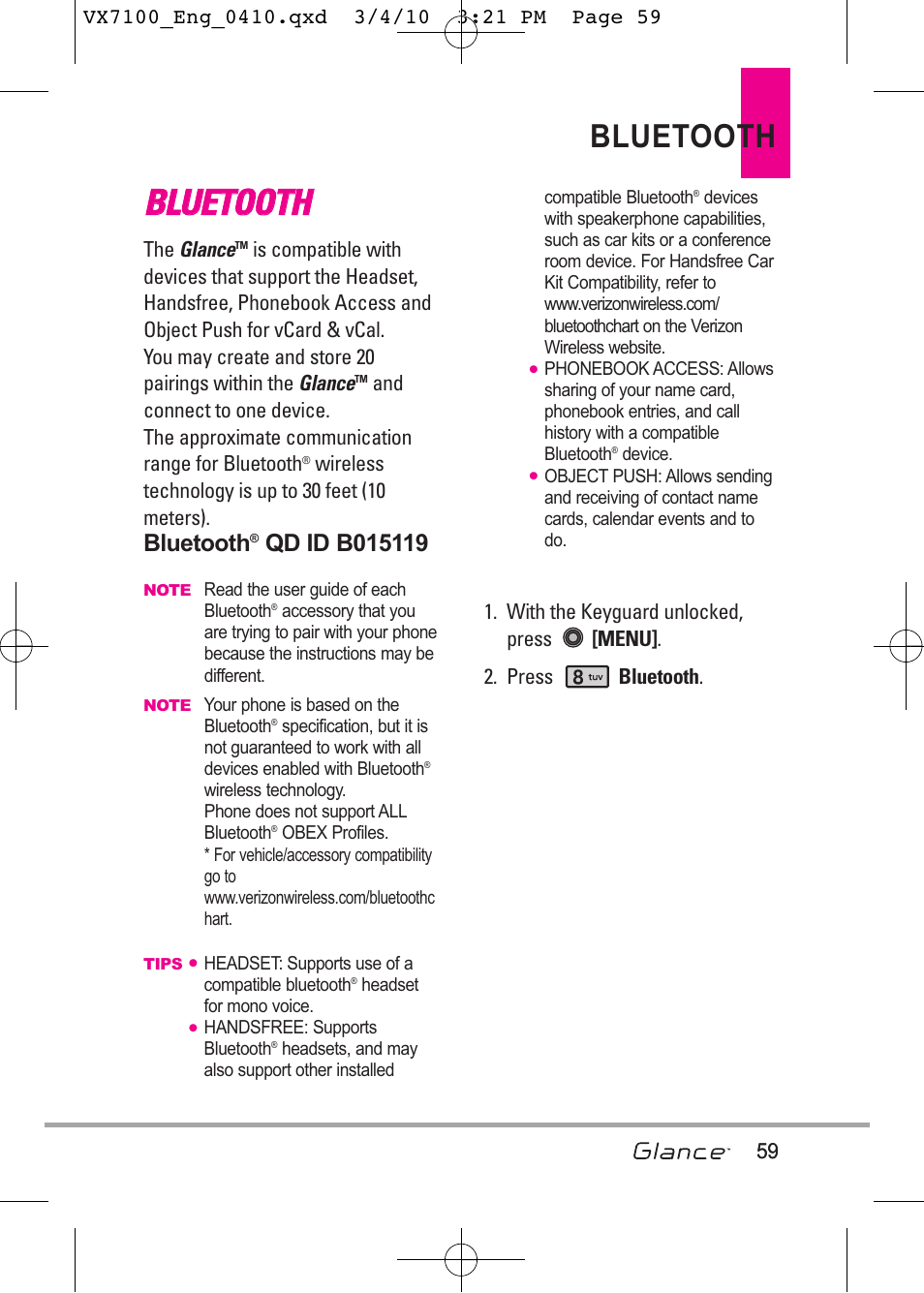 Bbllu ue et to oo ot th h, Bluetooth | LG LGVX7100 User Manual | Page 61 / 260