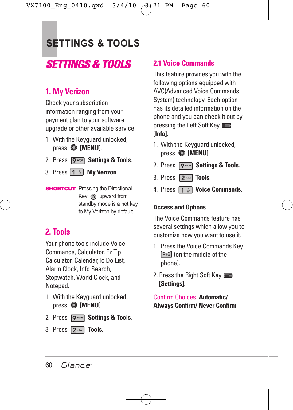 Sse et tt tiin ng gs s & & t to oo olls s, Settings & tools | LG LGVX7100 User Manual | Page 62 / 260