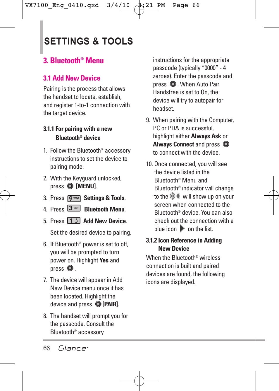 Settings & tools, Bluetooth, Menu | LG LGVX7100 User Manual | Page 68 / 260