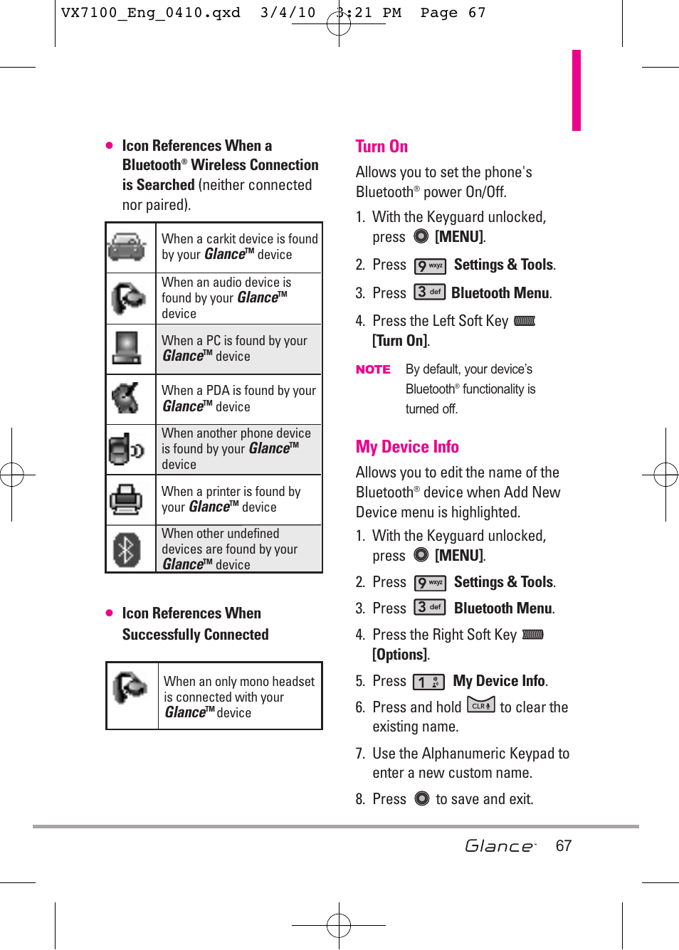 Turn on, My device info | LG LGVX7100 User Manual | Page 69 / 260