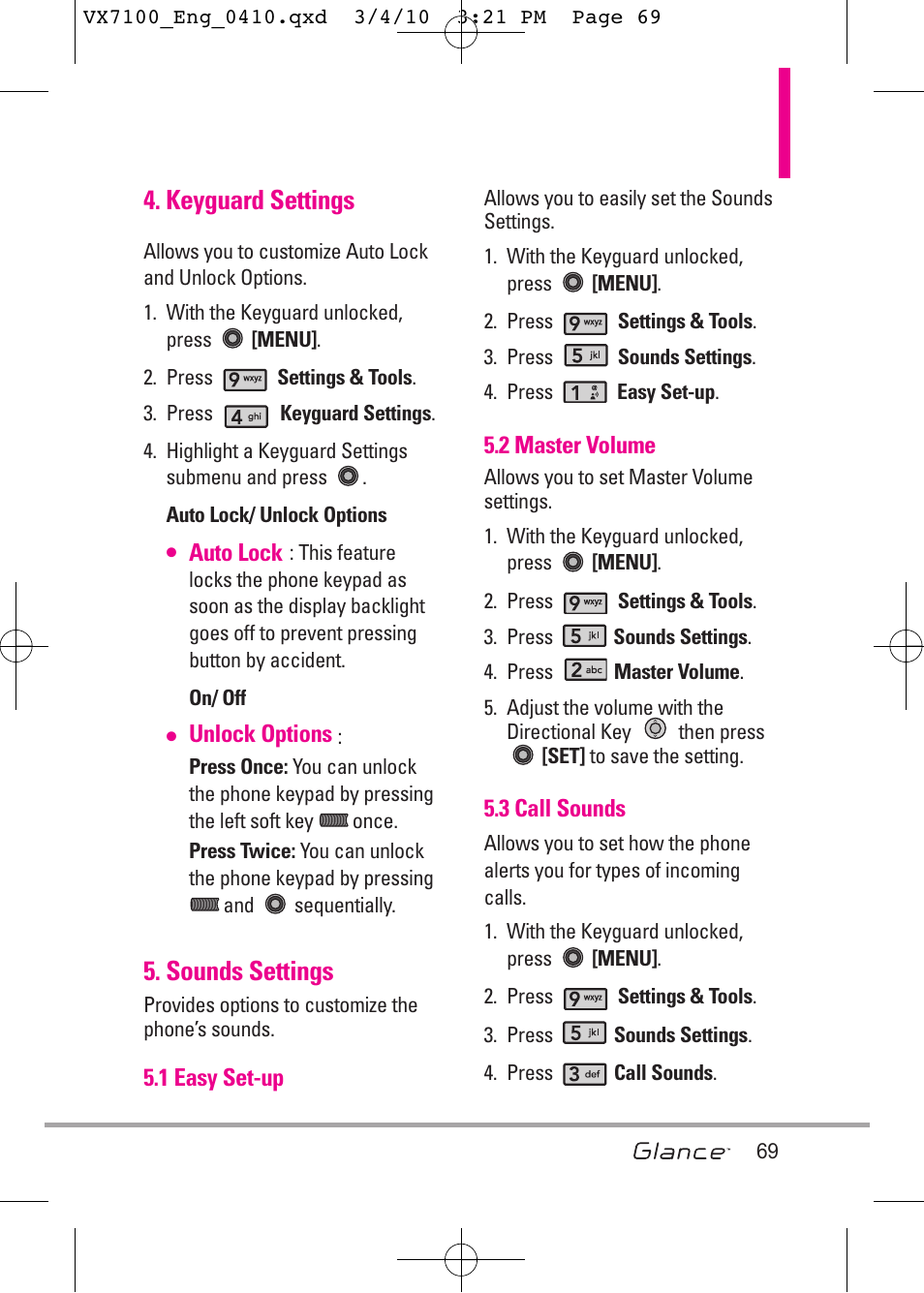 Keyguard settings, Sounds settings | LG LGVX7100 User Manual | Page 71 / 260