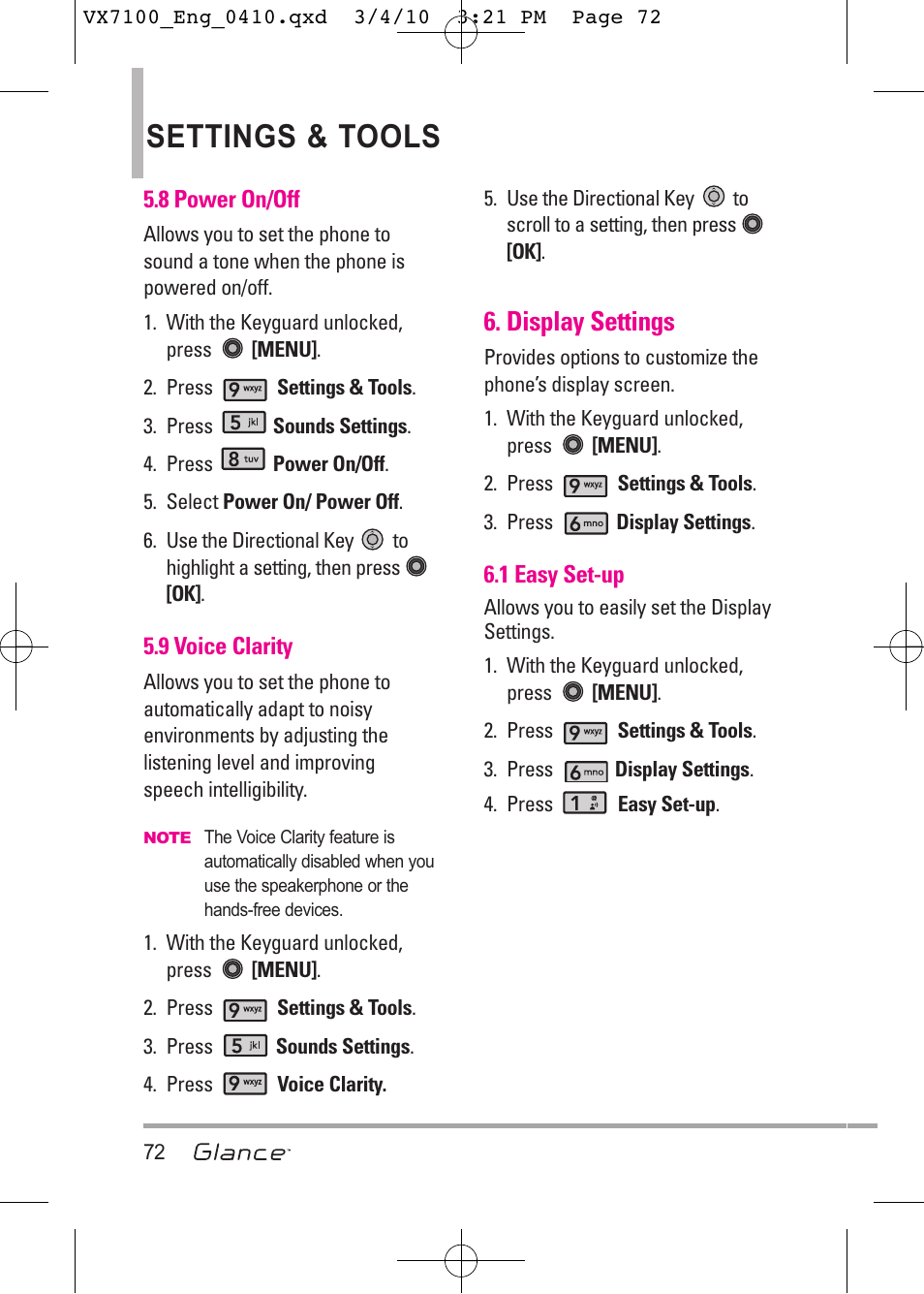 Settings & tools, Display settings | LG LGVX7100 User Manual | Page 74 / 260