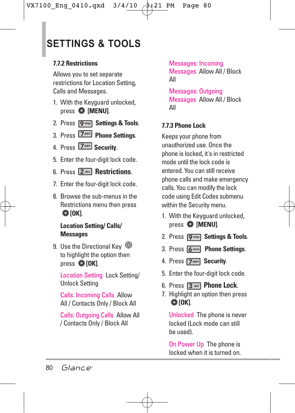 Settings & tools | LG LGVX7100 User Manual | Page 82 / 260