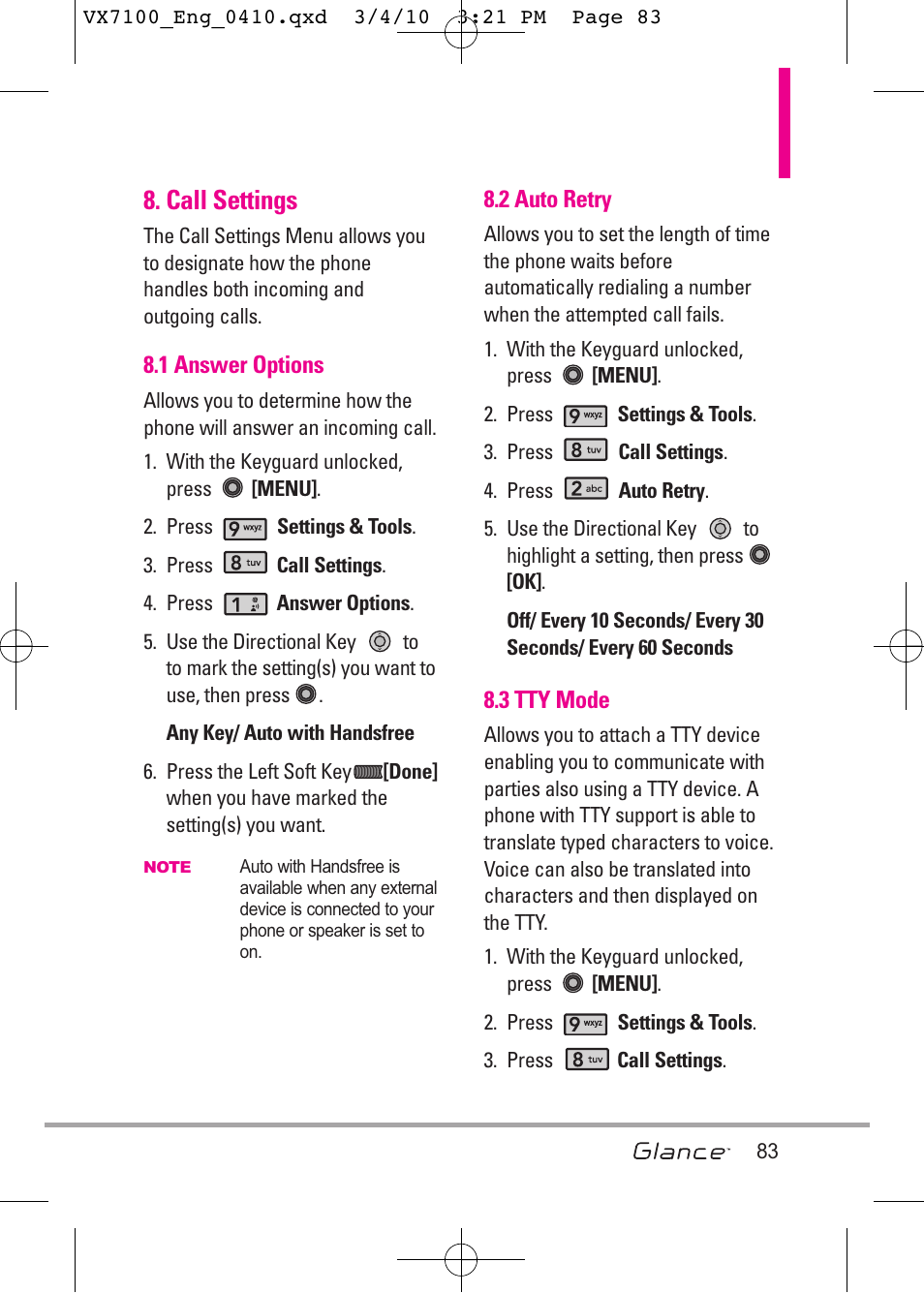 Call settings | LG LGVX7100 User Manual | Page 85 / 260