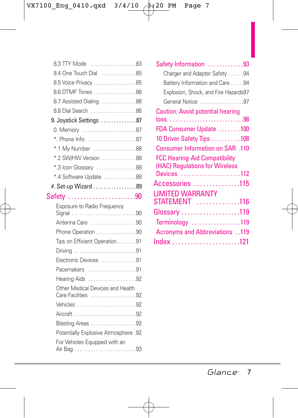 Safety, Accessories limited warranty statement glossary, Index | LG LGVX7100 User Manual | Page 9 / 260