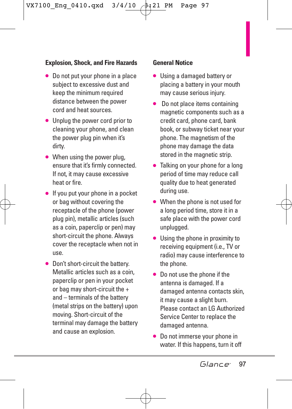 97 explosion, shock, and fire hazards | LG LGVX7100 User Manual | Page 99 / 260