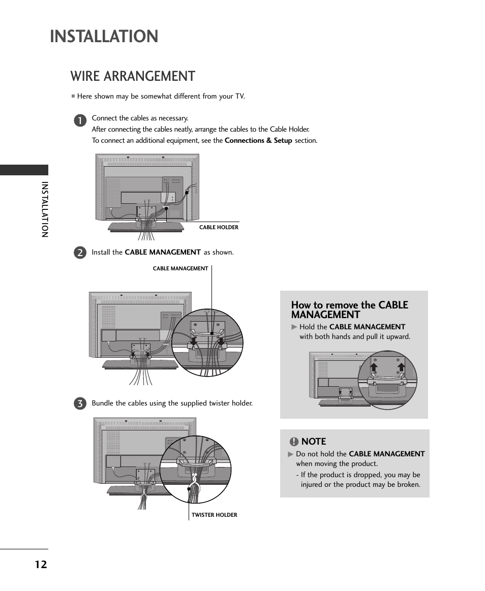 Installation, Wire arrangement, How to remove the cable management | LG 37LC2RR User Manual | Page 14 / 90