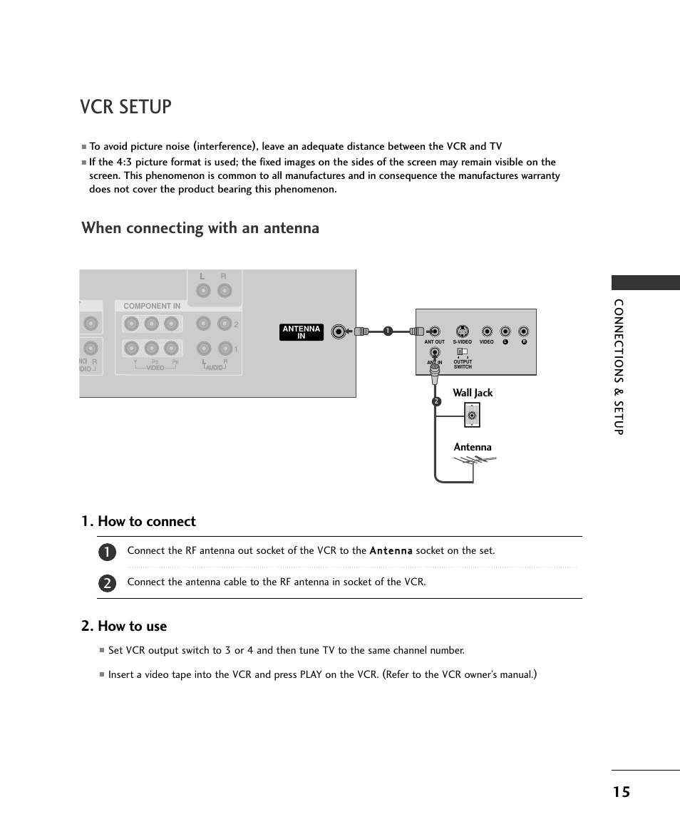 Vcr setup, When connecting with an antenna, How to connect | How to use, Connections & setup, Wall jack antenna | LG 37LC2RR User Manual | Page 17 / 90