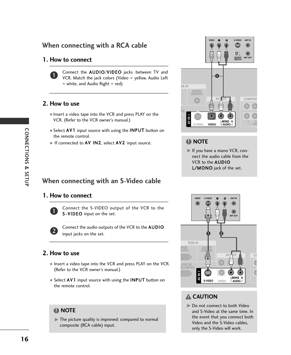 When connecting with a rca cable, When connecting with an s-video cable, How to connect 2. how to use | Caution, Connections & setup | LG 37LC2RR User Manual | Page 18 / 90