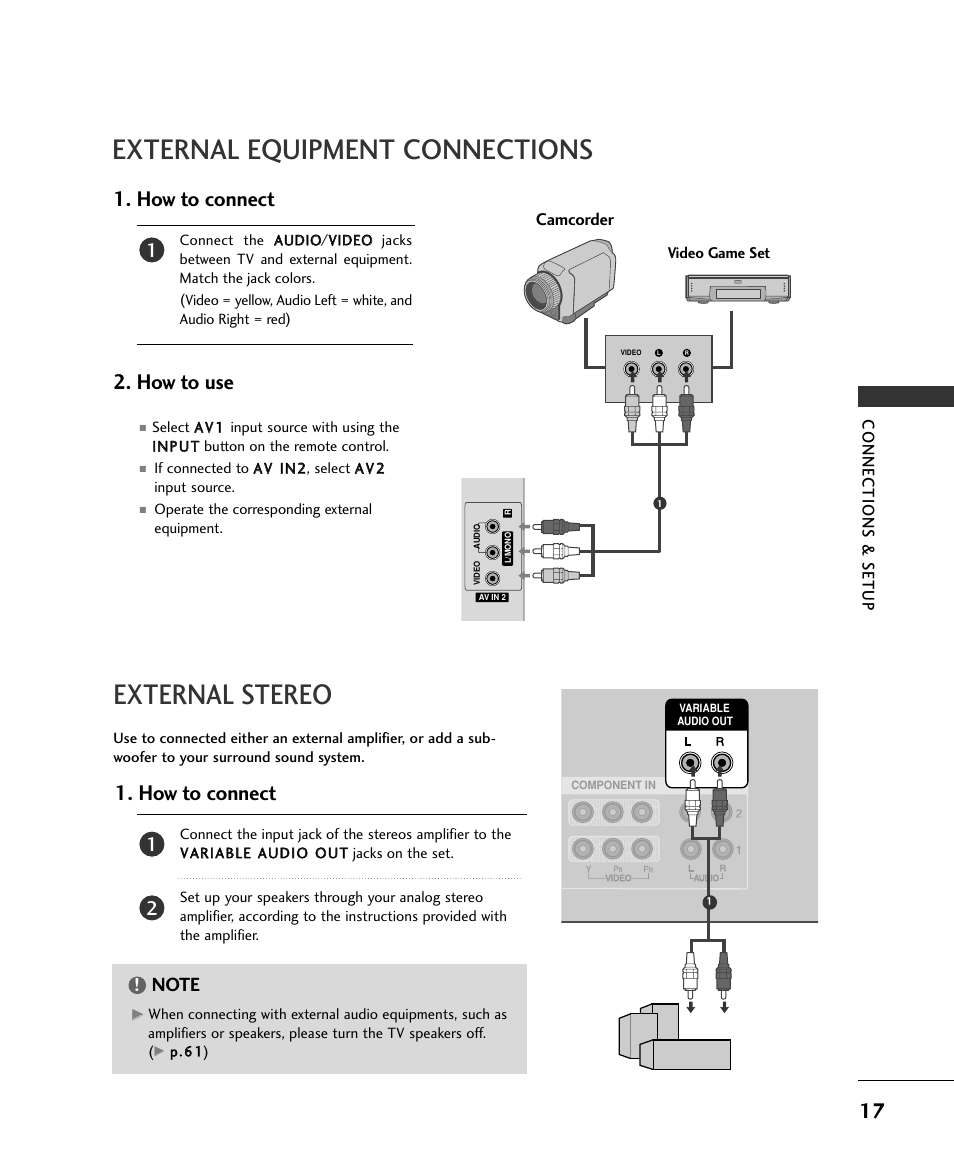 External equipment connections, External stereo, How to connect 2. how to use | How to connect | LG 37LC2RR User Manual | Page 19 / 90