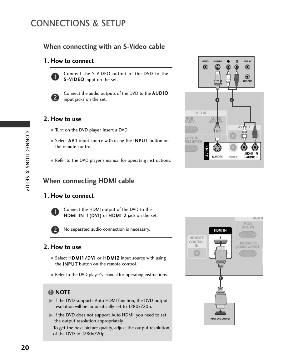 When connecting with an s-video cable, When connecting hdmi cable, How to connect 2. how to use | Connections & setup | LG 37LC2RR User Manual | Page 22 / 90
