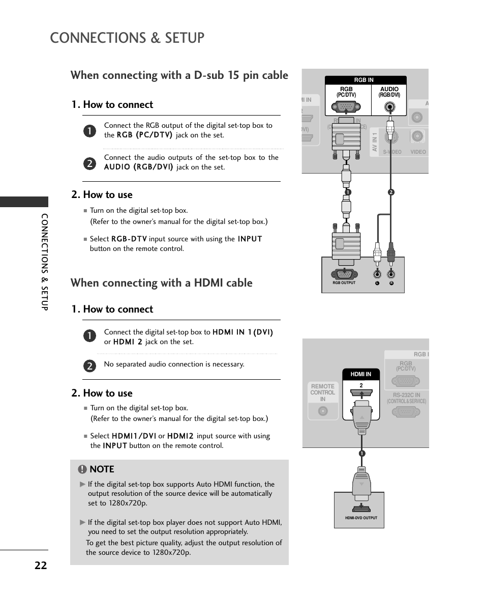 When connecting with a d-sub 15 pin cable, When connecting with a hdmi cable, How to connect 2. how to use | Connections & setup | LG 37LC2RR User Manual | Page 24 / 90