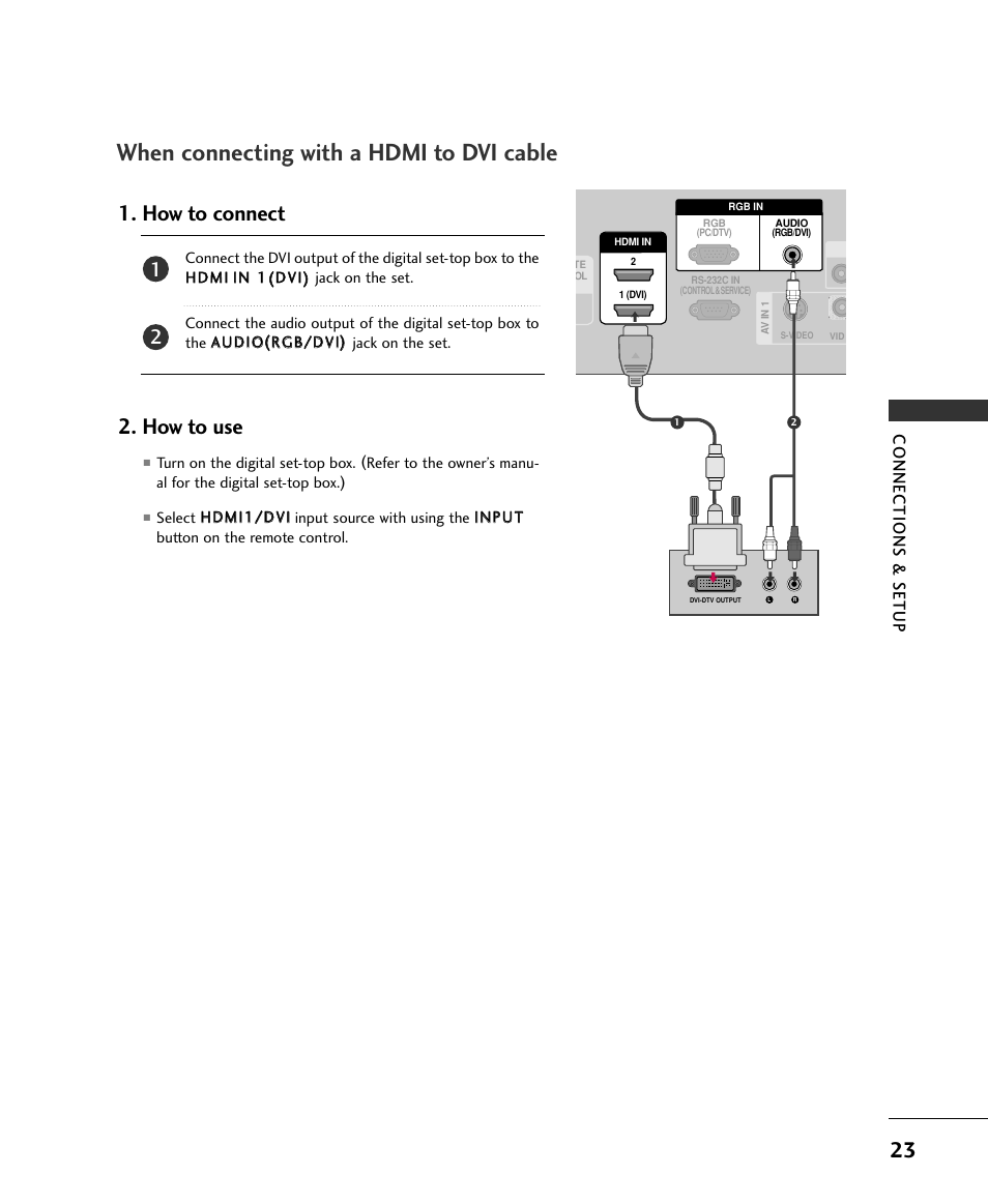 When connecting with a hdmi to dvi cable, How to connect 2. how to use, Connections & setup | LG 37LC2RR User Manual | Page 25 / 90