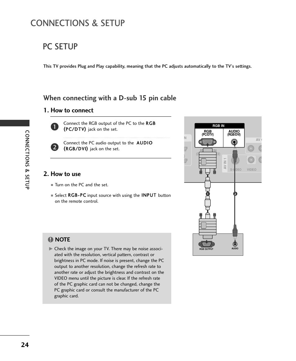 Connections & setup, Pc setup, When connecting with a d-sub 15 pin cable | How to connect 2. how to use | LG 37LC2RR User Manual | Page 26 / 90
