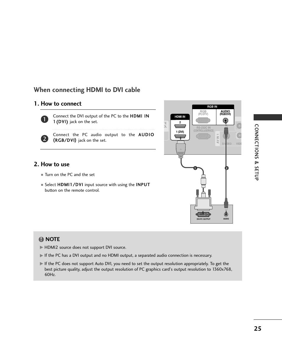 When connecting hdmi to dvi cable, How to connect 2. how to use, Connections & setup | LG 37LC2RR User Manual | Page 27 / 90