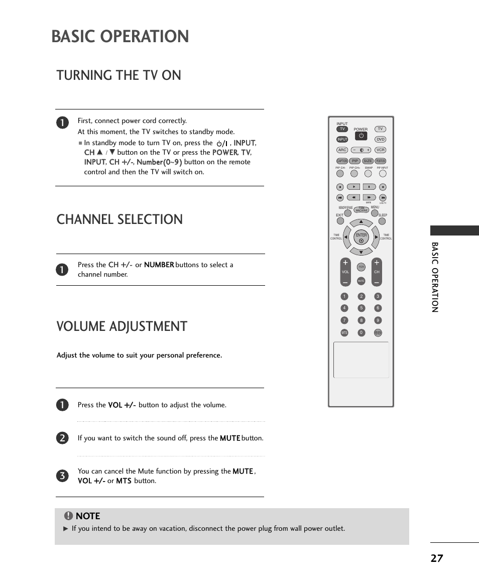 Basic operation, Turning the tv on, Volume adjustment channel selection | Basic o per a t ion | LG 37LC2RR User Manual | Page 29 / 90