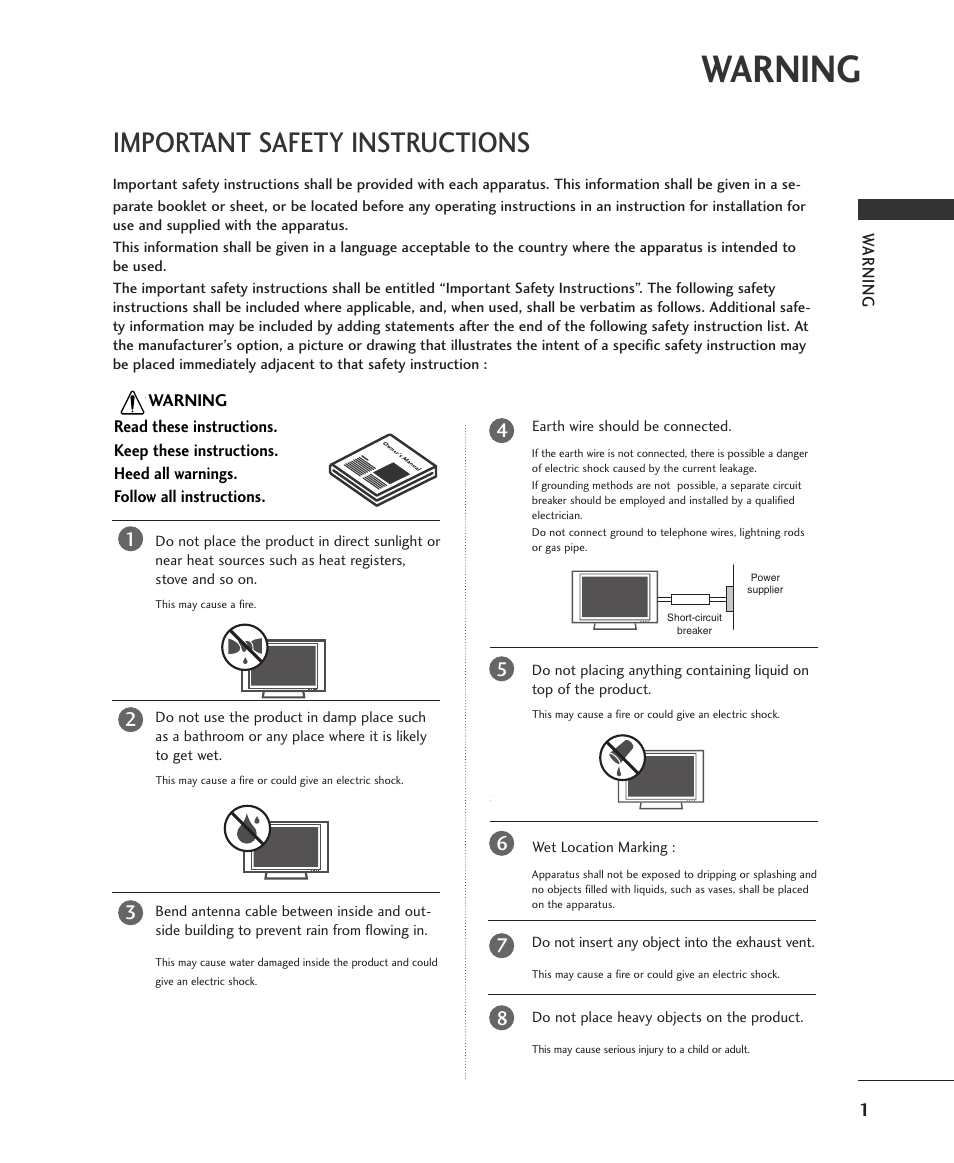 Important safety instructions, Warning, Earth wire should be connected | Wet location marking, Do not insert any object into the exhaust vent, Do not place heavy objects on the product | LG 37LC2RR User Manual | Page 3 / 90