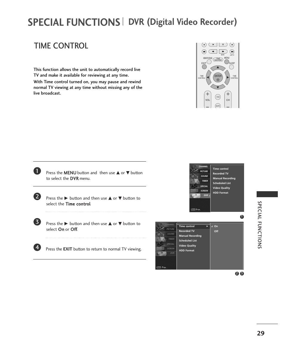 Dvr (digital video recorder), Time control, Special functions | LG 37LC2RR User Manual | Page 31 / 90