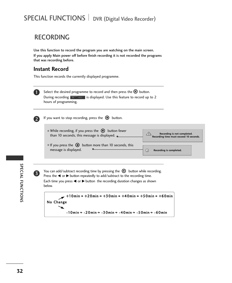 Special functions, Recording, Instant record | Dvr (digital video recorder) | LG 37LC2RR User Manual | Page 34 / 90