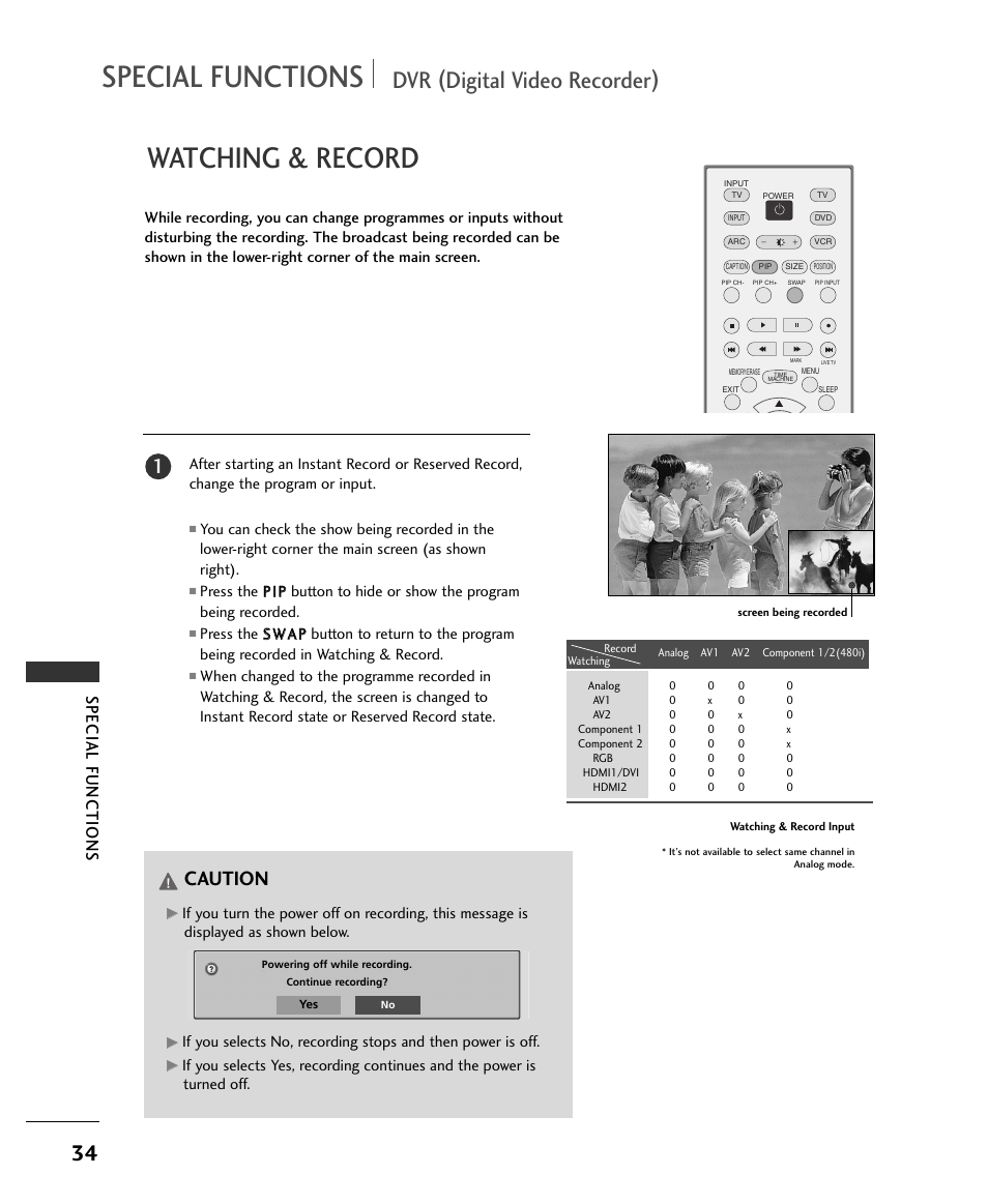 Watching & record, Dvr (digital video recorder), Caution | Special functions | LG 37LC2RR User Manual | Page 36 / 90