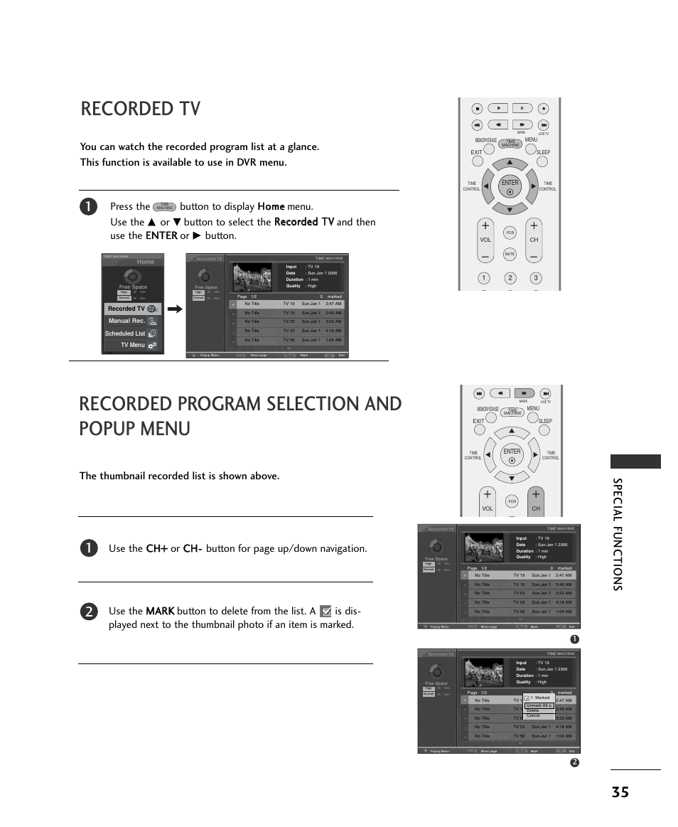 Recorded tv, Recorded program selection and popup menu, Special functions | Button, The thumbnail recorded list is shown above | LG 37LC2RR User Manual | Page 37 / 90