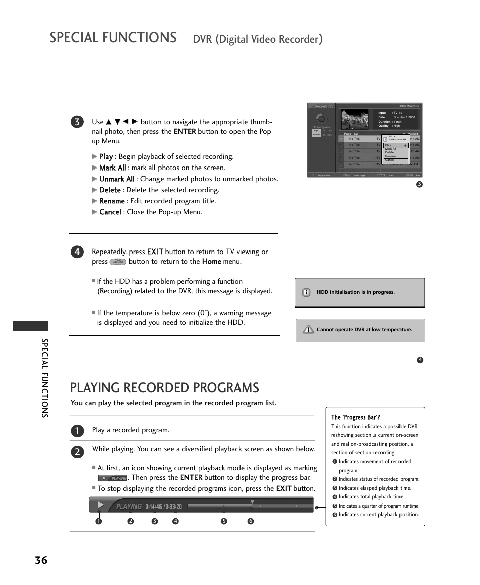 Playing recorded programs, Dvr (digital video recorder), Special functions | Ppllaay y : begin playback of selected recording, Ddeelleettee : delete the selected recording, Rreen naam mee : edit recorded program title, Ccaan ncceell : close the pop-up menu | LG 37LC2RR User Manual | Page 38 / 90