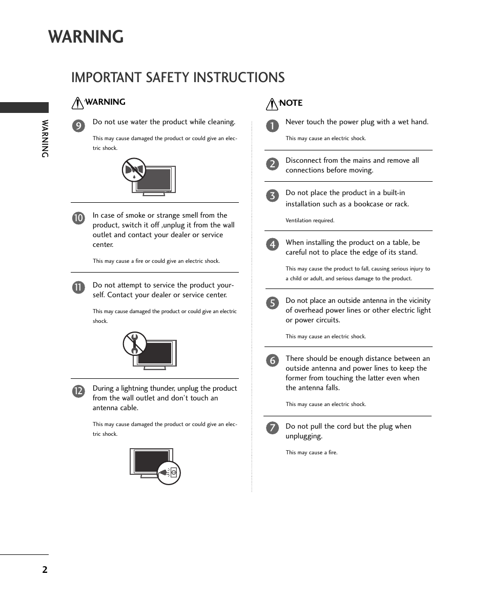Important safety instructions, Warning | LG 37LC2RR User Manual | Page 4 / 90