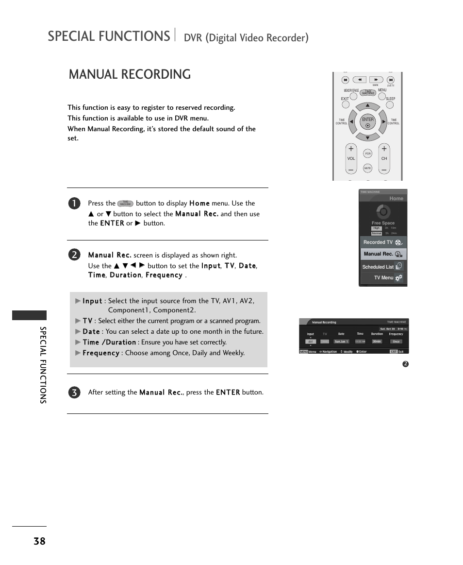 Manual recording, Dvr (digital video recorder), Special functions | LG 37LC2RR User Manual | Page 40 / 90