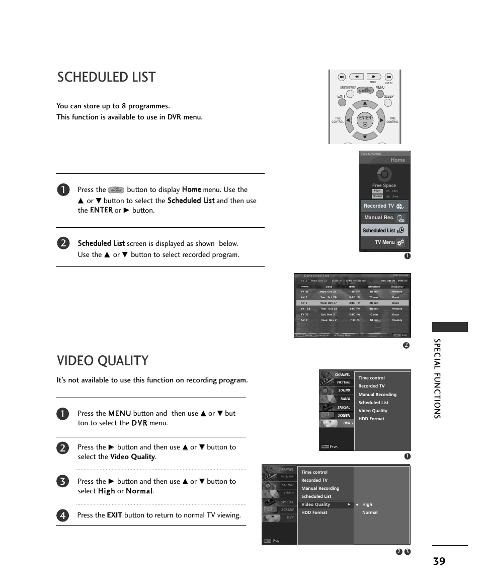 Scheduled list, Video quality, Special functions | LG 37LC2RR User Manual | Page 41 / 90
